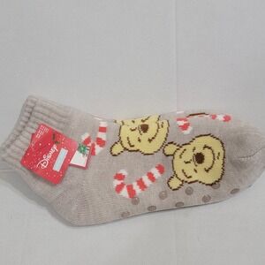 Disney Winnie the Pooh Candy Cane Christmas Cozy Fuzzy‎ Ankle Slip Socks Women's